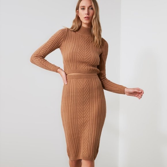 2 Piece Tan Knitwear Crew Neck Sweater Skirt Set - Picture 5 of 11